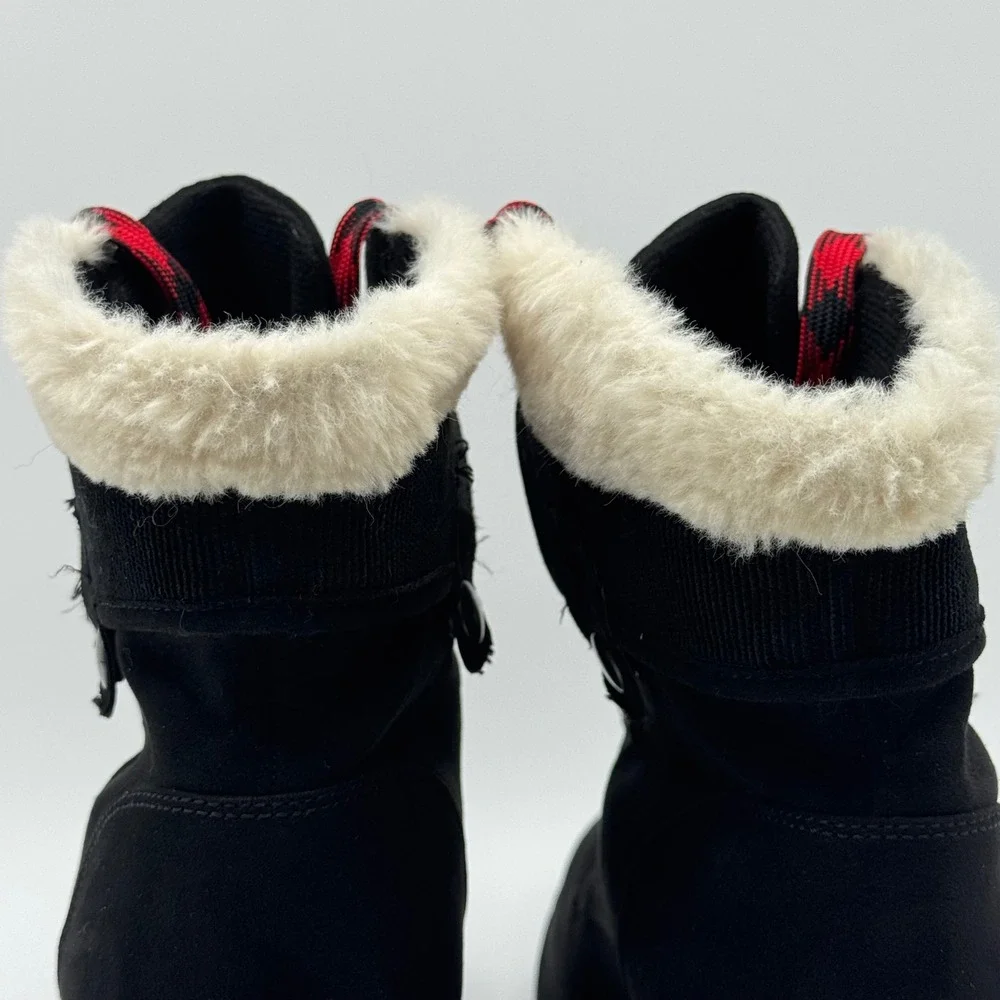 Jellypop Black Heeled Ankle Boots Red Plaid Laces Faux Fur Trim Lug Sole Size 9M - Picture 10 of 13